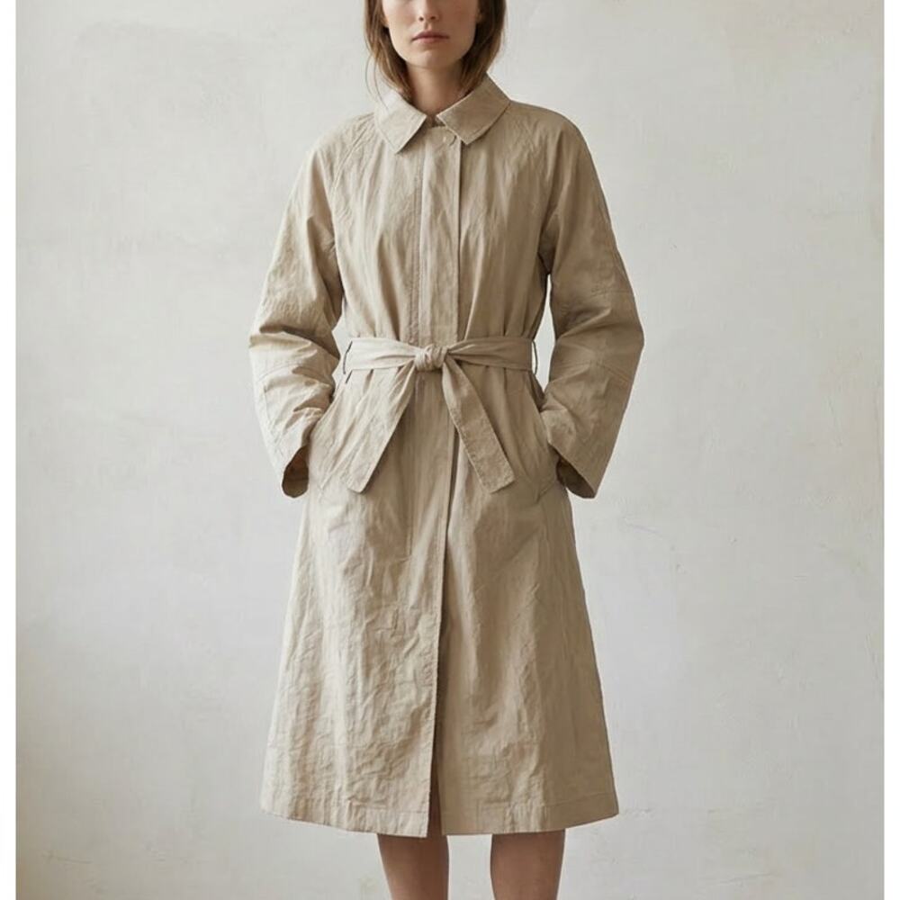 Vince Cotton Trench Coat Womens XL Beige Full Zip Self-Tie Belt Long